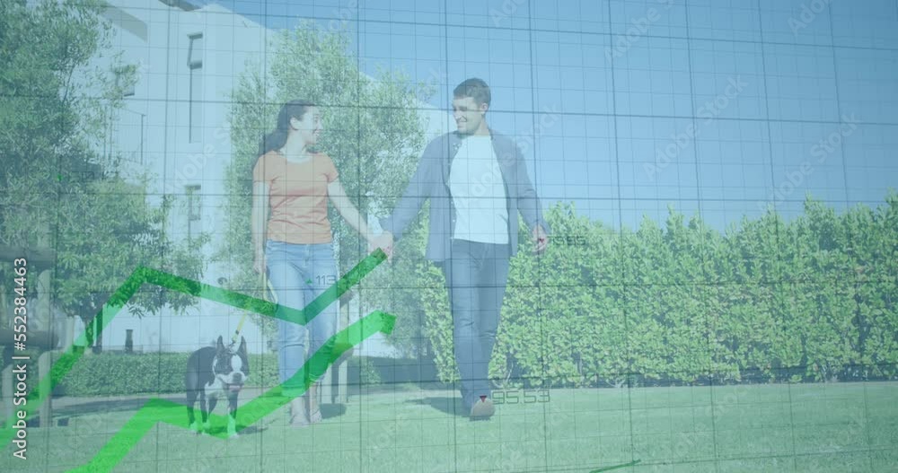 Poster animation of financial data processing with green lines and statistics over caucasian couple