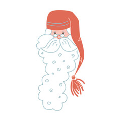 Cartoon Santa with thick beard and red cap isolated on white. National culture symbol of Finland. Vector illustration of Finnish traditional. Scandinavia concept