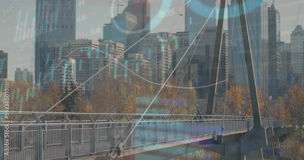 Poster animation of statistical data processing over man riding a bicycle on city bridge