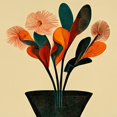Vase with spring multicolor flowers bouquet in minimalist vintage style.