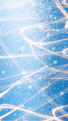 Snowy winter blue background. Snowflakes, neon glow, blurred lights