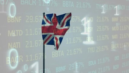 Animation of binary coding and stock market data processing over waving uk flag on grey background - Powered by Adobe