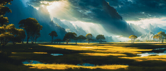 Beautiful landscape of plain and meadow. Sensitive and dreamy design, background illustration.