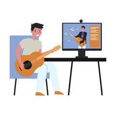 Cartoon young man learning playing guitar online. Flat vector illustration. Young man watching musical lessons on guitar play in Internet. Hobby, art, music banner design