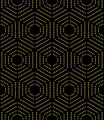 Geometric golden repeating ornament with hexagonal dotted elements. Geometric dotted modern ornament. Seamless abstract modern pattern