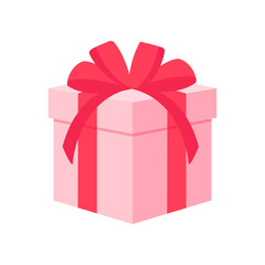 Pink gift box with red ribbon bow on transparent background, christmas present, valentine day surprise, birthday concept