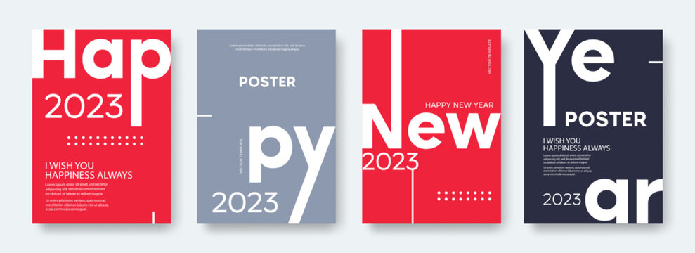 Happy New Year 2023 poster. Set colorful design template with 2023 typography logo for celebration. Trendy flyer layout. Vector template