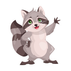Cute raccoon character graciously waving his paw. Vector illustration of small wild forest animal isolated on white. Woodland, nature, mascot concept