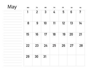 Simple calendar planner 2023 grid for May with lettering month name. 