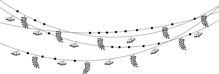 Black horizontal hanging garland with decorative beads, leaves and berries for fall cards or posters