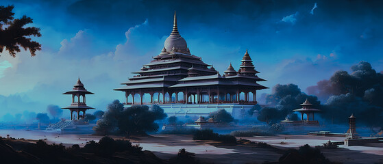 Illustration with a temple in India, Delhi.