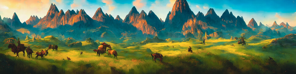 Fototapeta na wymiar Beautiful fantasy mountain landscape. Panoramic.