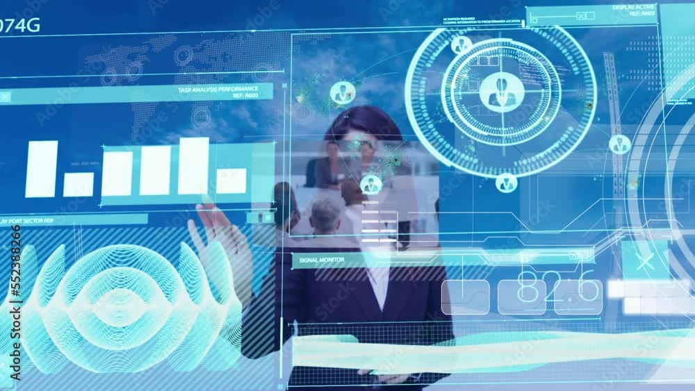 Poster animation of data processing and statistics over screens and businesswoman