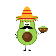 Cheerful cartoon avocado in a sombrero and with a mustache.