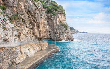 Coastal road path on foot, in Marina di Praiano, by Amalfi coast. Italy