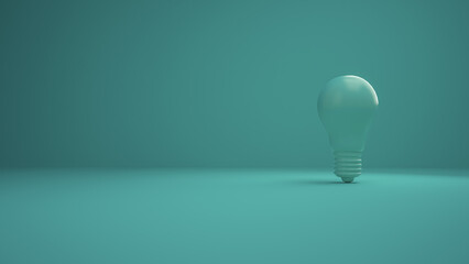 Cyan Lightbulb on a cyan background. Horizontal composition with negative space on the left. Concept of Creativity and innovation. 