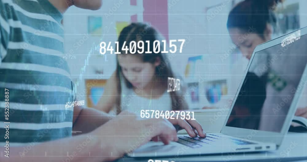 Poster animation of numbers changing over caucasian man using laptop