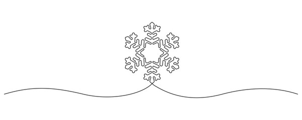 One continuous line drawing of christmas snowflake. Winter and cold flake symbol in simple linear style. Holiday icon with empty space in editable stroke. Doodle vector illustration