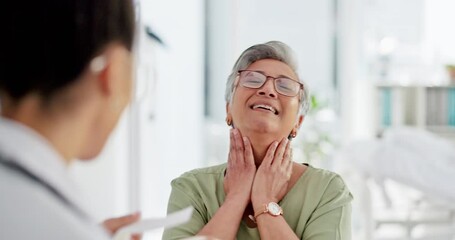 Healthcare, neck brace and senior woman with relief from treatment for neck pain, arthritis and rehabilitation. Medical recovery, hospital and doctor with patient after accident, whiplash and injury