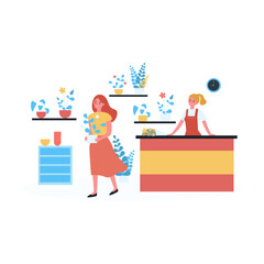 Happy girl leaving store with plant. Flat vector illustration. Interior of florist shop, seller at counter, girl going, holding flowerpot in her hands. Nature, planting design