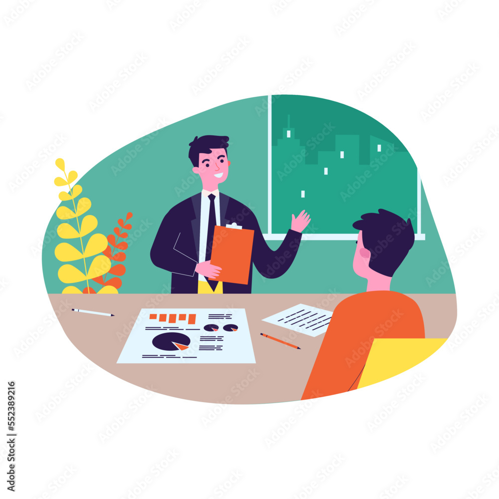Aufkleber businessman with documents talking to man at office table. human recourses manager telling about com