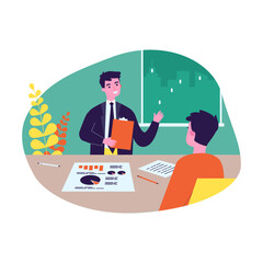 Businessman with documents talking to man at office table. Human recourses manager telling about company flat vector illustration. Job interview, HR, recruitment concept for banner