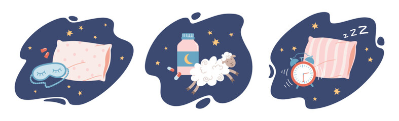 Set of illustrations about sleeping. Sleeping pills, alarm clock, pillow, face mask and cute lamb. Relaxation, sleeping concept. Trendy flat vector illustrations.