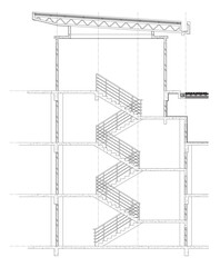 2D CAD architectural drawing section of the stairs that connect the 4 floors of the building. The stairs have steel railings on each side. This staircase has a roof.