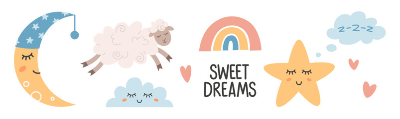 Vector hand drawn boho clipart for nursery decoration with cute rainbows, crescent moon, cloud, lamb. Modern illustration. Perfect for baby shower, birthday, children's party