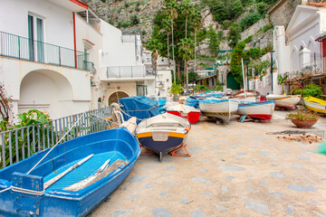 Fototapeta na wymiar Small fishing boats in storage, from Marina di Praiano village. Amalfi Coast, Italy