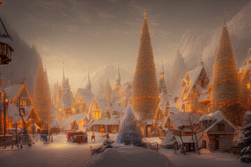 Digital painting of a Nordic village decorated with lights built inside a snowy mountain  - AI Generated