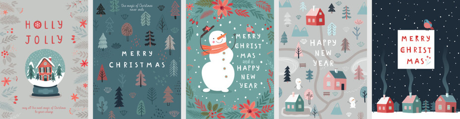 Christmas card set - hand drawn cute flyers. Postcards with lettering and Christmas background - winter village.