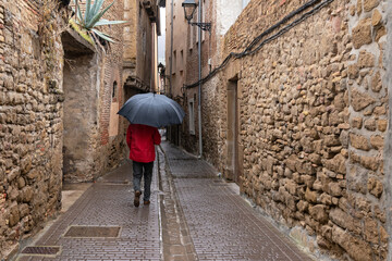 Rainy day. Walking with the umbrella down a narrow street