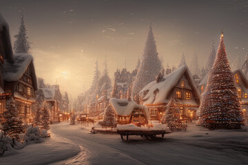 Digital painting of a Nordic village decorated with lights built inside a snowy mountain - AI Generated