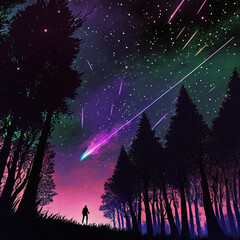 people watching the neon starry night sky in the field created by generative ai