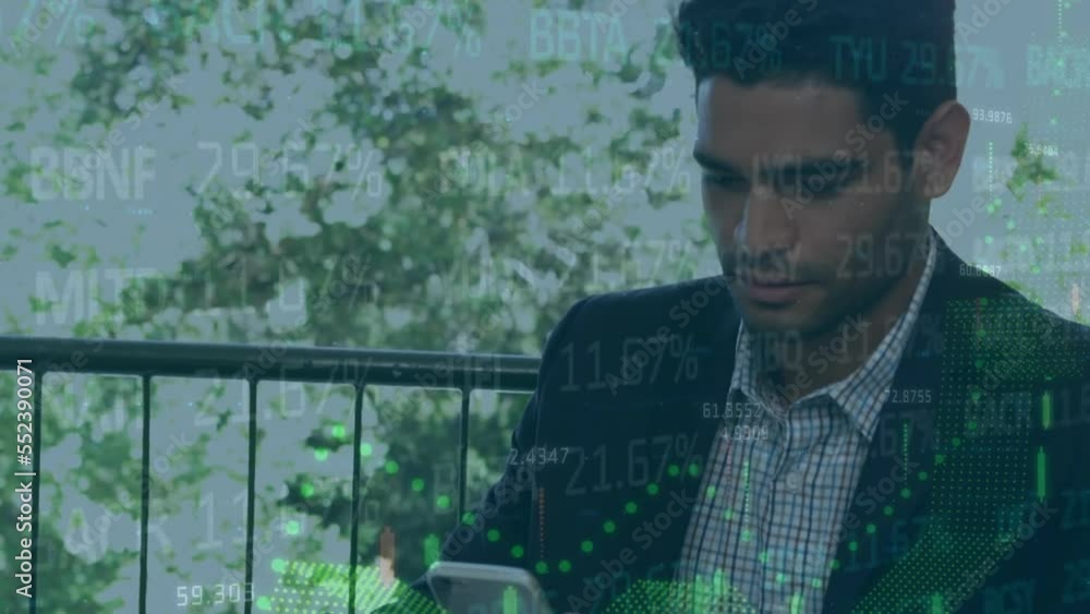 Poster animation of financial data processing over biracial businessman using smartphone at a cafe