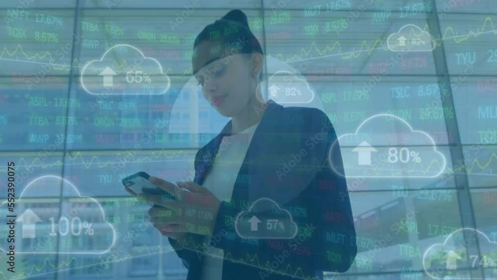 Aufkleber animation of financial data processing and clouds over businesswoman using smartphone