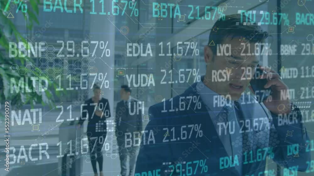 Poster Animation of financial data processing over businessman using smartphone