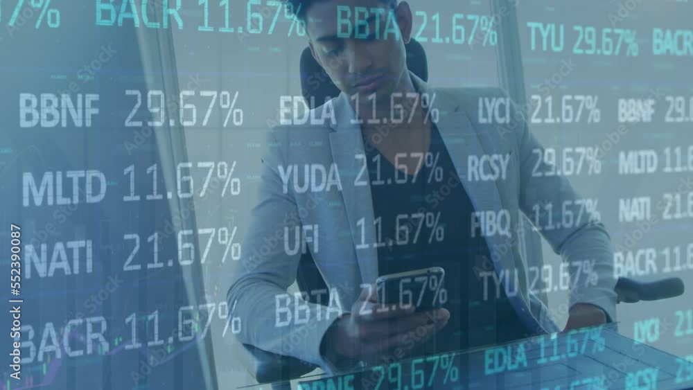 Aufkleber animation of financial data processing over businessman using smartphone