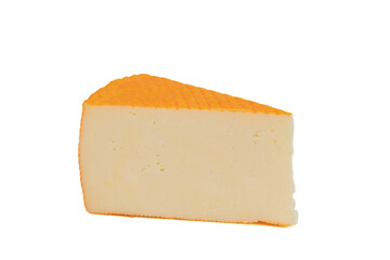 slice of pressed cheese with an orange crust, close-up - obrazy, fototapety, plakaty
