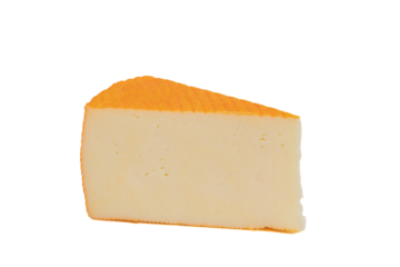 slice of pressed cheese with an orange crust, close-up