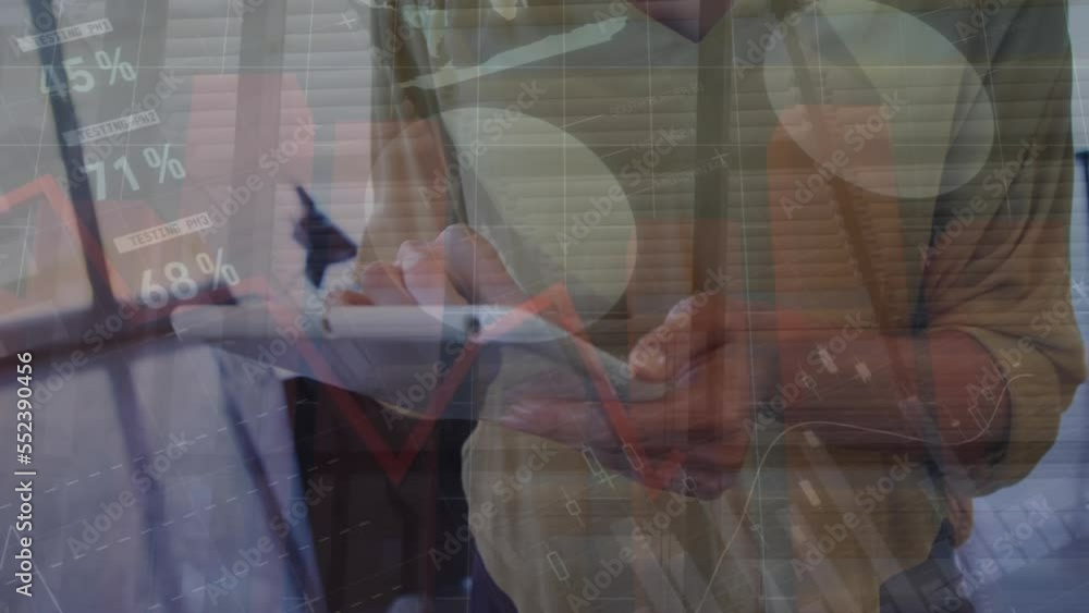 Aufkleber animation of financial data processing over businessman using tablet