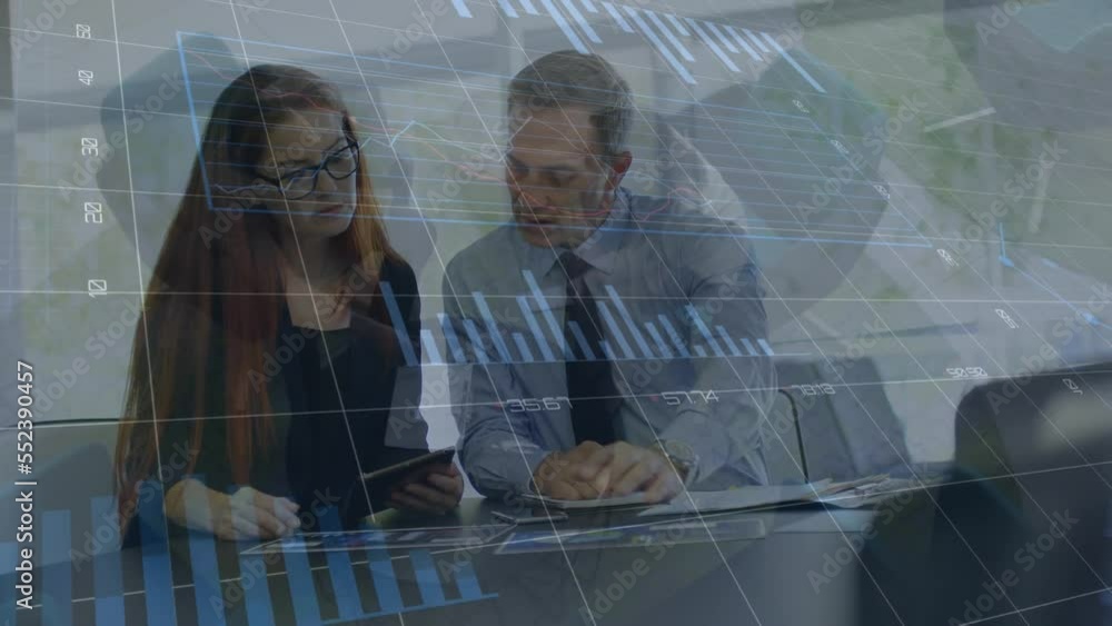 Poster animation statistics and financial data processing over caucasian business people using tablet