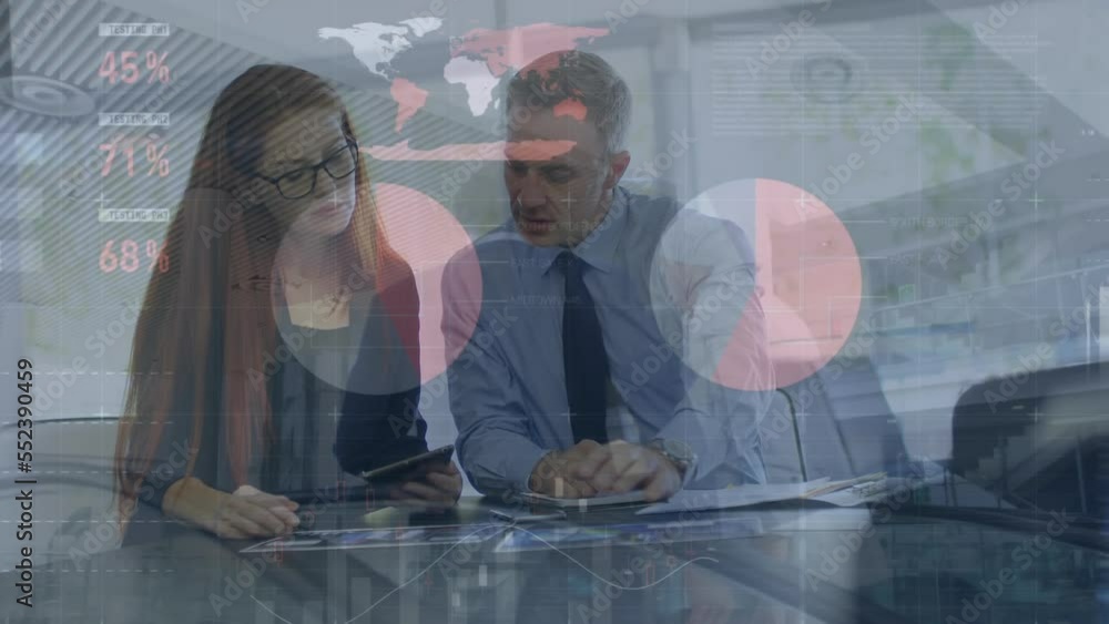 Poster animation statistics and financial data processing over caucasian business people using tablet