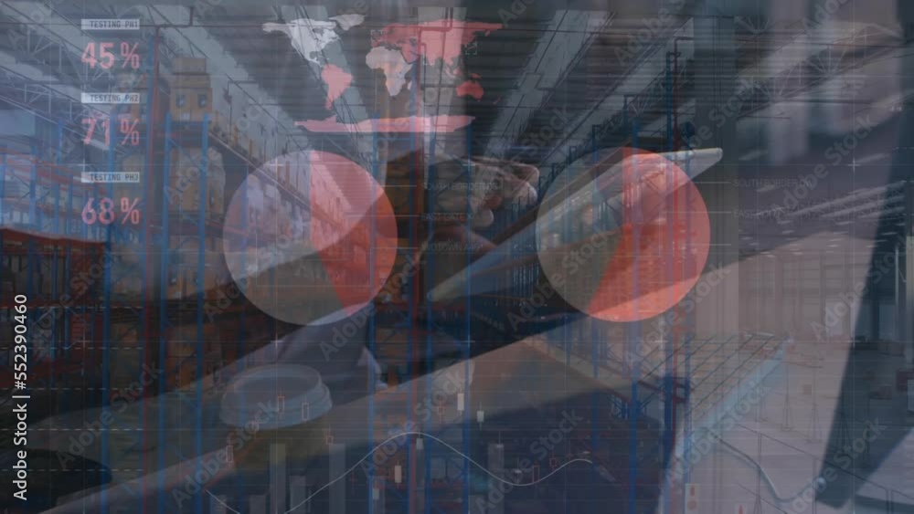 Aufkleber animation statistics and financial data processing over man using tablet