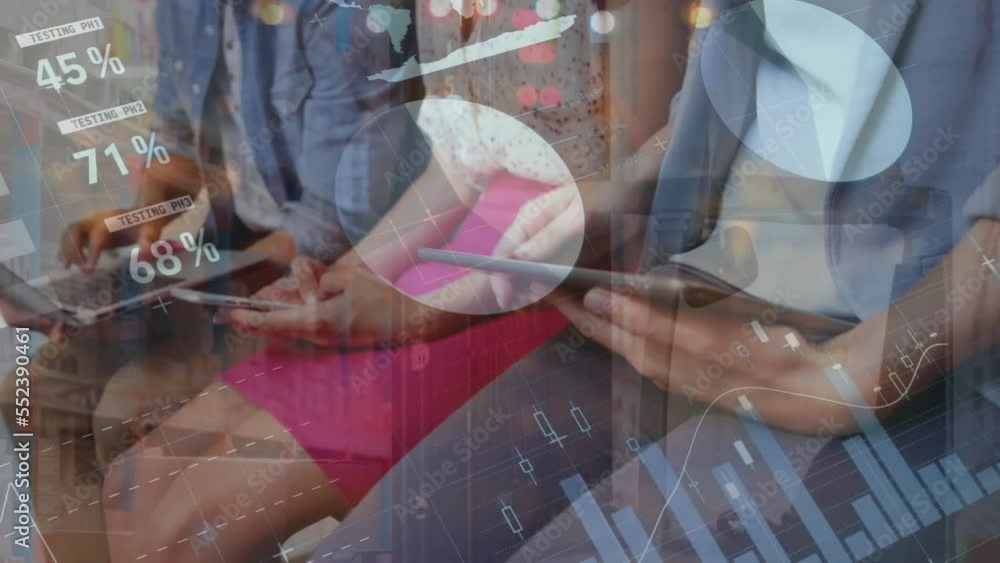 Poster animation of financial data processing over people using electronic devices