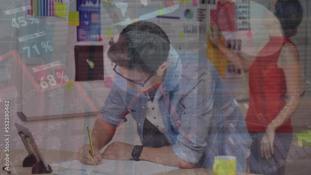 Poster animation statistics and financial data processing over caucasian businessman using graphic tablet