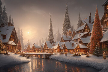 Fototapeta premium Digital painting of a Nordic village decorated with lights built inside a snowy mountain - AI Generated