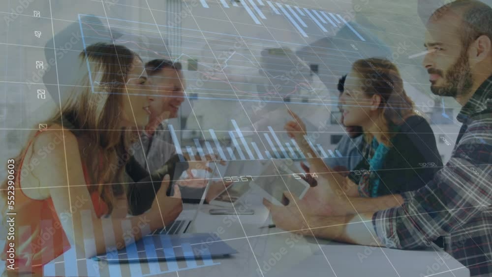Aufkleber animation statistics and financial data processing over business people using electronic devices
