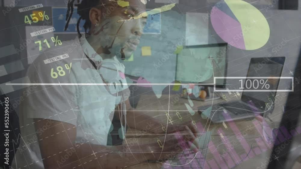 Poster animation statistics and financial data processing over african american businessman using keyboard
